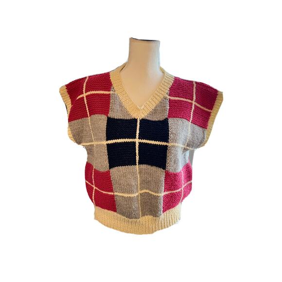 Hand Knit Plaid Slouchy Y2K Sweater Vest. Sz M - Picture 1 of 4